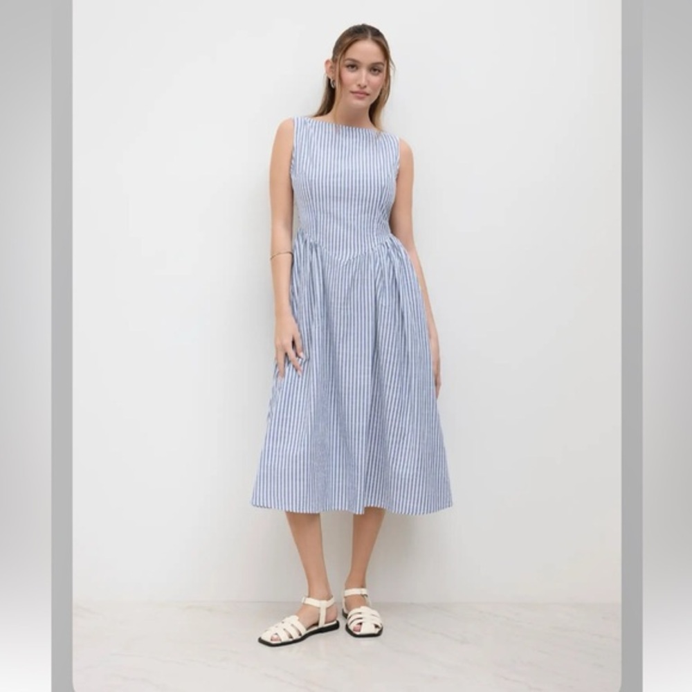 Cider COTTON-BLEND BOAT NECK STRIPED RUFFLE MAXI DRESS M CR2-16
